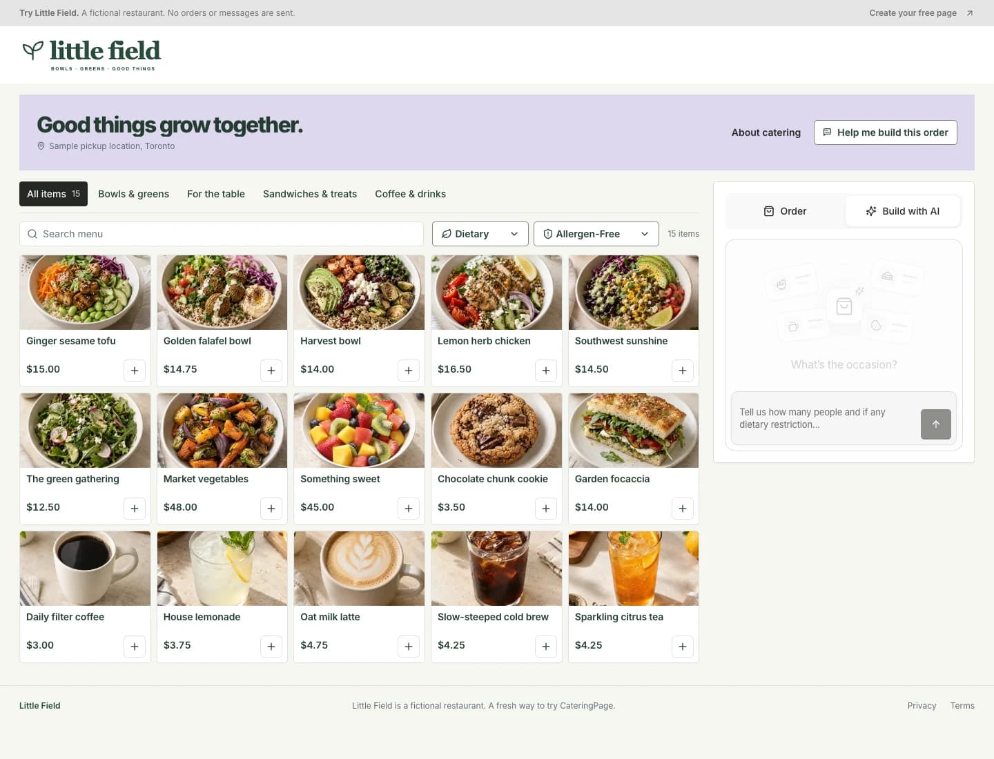 Little Field’s CateringPage demo, with fresh bowls, dietary filters and a catering order builder.